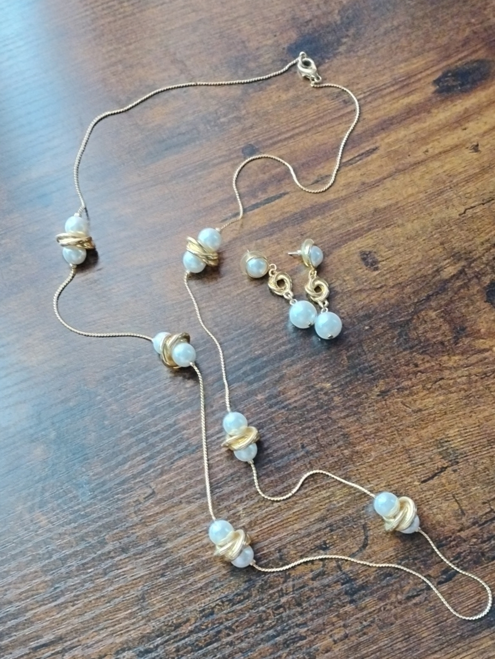 Gold-Tone Pearl Station Necklace and Matching Drop Earrings - White Pearls